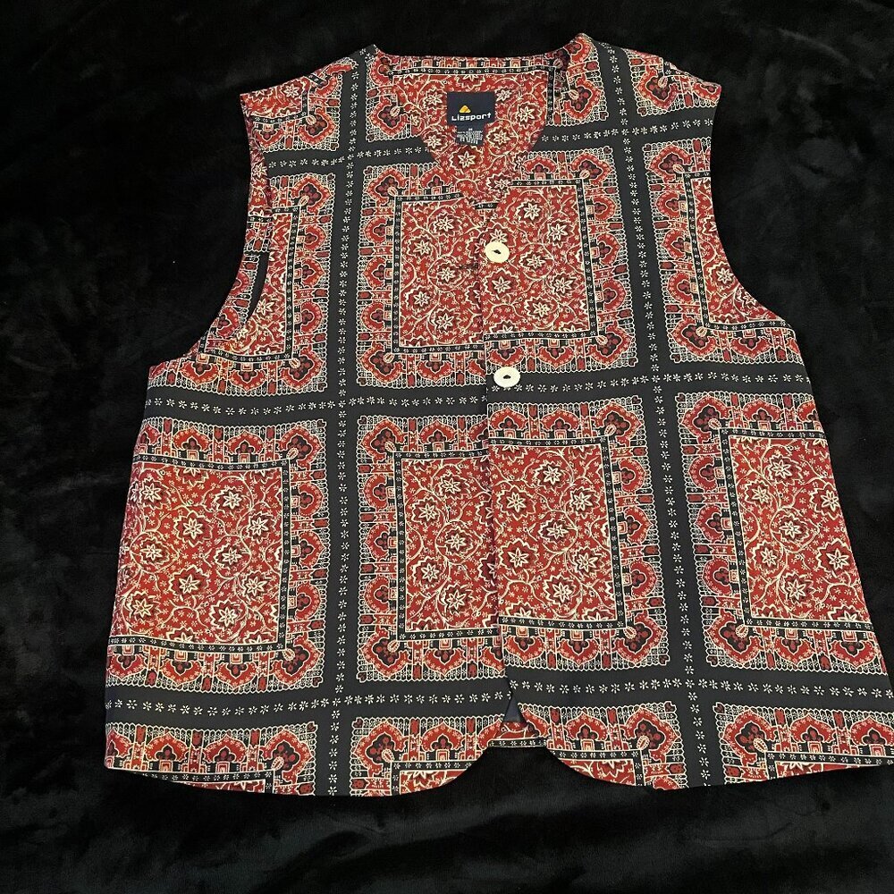 Lizsport Red Black Tapestry Print Vest Size M Boho Retro